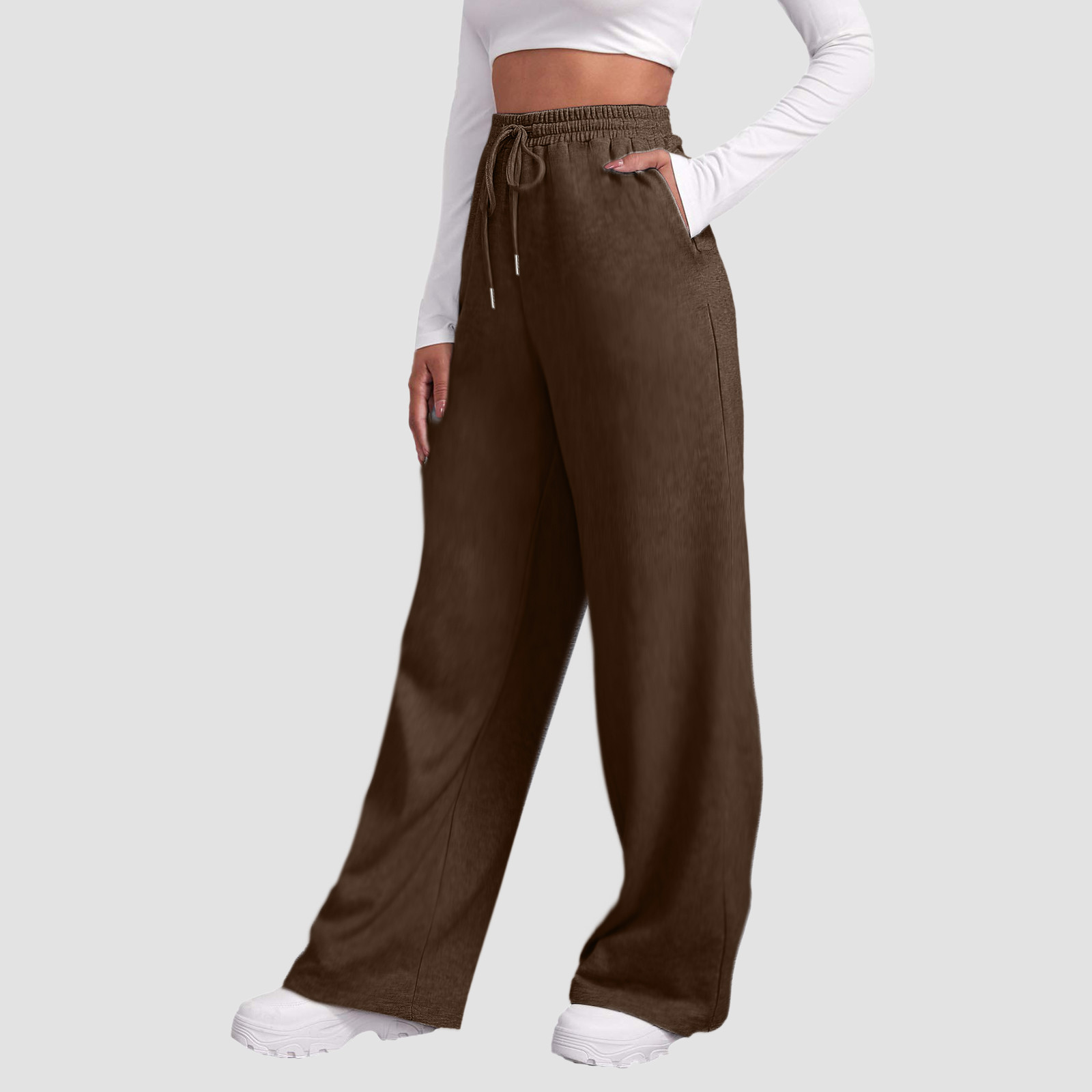 thumbnail image 3 of Pantalones de chándal de cintura alta para mujer - Forro polar, pierna ancha y recta - Poliéster ligero con bolsillos - Informal/deportivo/vacaciones - Tallas S-XXXL, 3 of 7